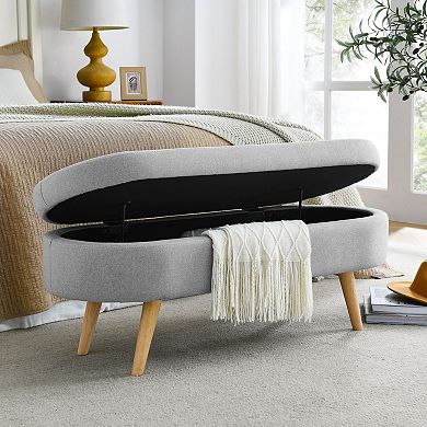 Oval Linen Storage Bench Ottoman For Footstool Or Seat With Rubber Wood Legs