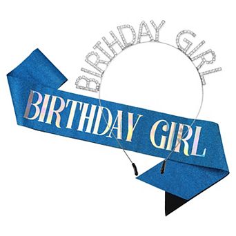 1 Set Women Birthday Headband Tiara Rhinestone Silver Tone White Blue Letter