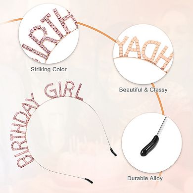 1 Set Women Birthday Headband Tiara Rhinestone Rose Gold Tone Pink Letter