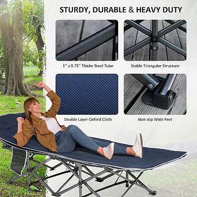 Outdoor Double Camping Cot Foldable Bed W/ Portable Travel Bag, 300 Lbs., Blue