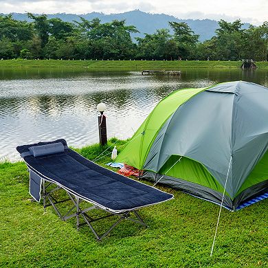 Outdoor Double Camping Cot Foldable Bed W/ Portable Travel Bag, 300 Lbs., Blue