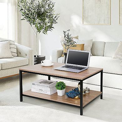Rectangle Living Room Coffee Table with Wooden Top, Lower Storage Shelf, and Compact Design