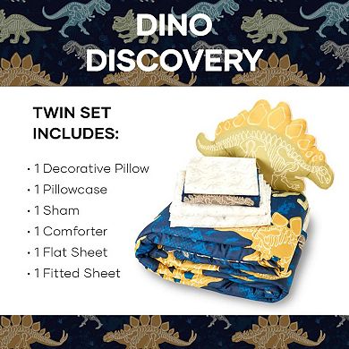 Luxuriant Home Kids Dino Discovery Bed in a Bag Set with Decorative Pillow