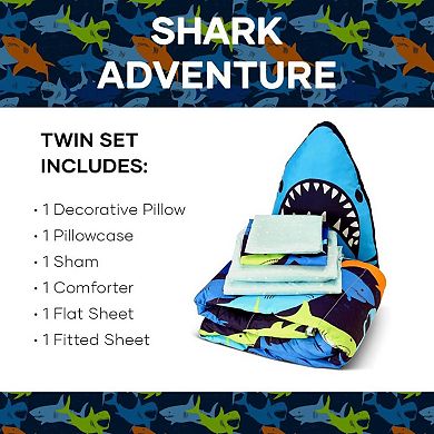 Luxuriant Home Kids Shark Adventure Bed in a Bag Set with Decorative Pillow