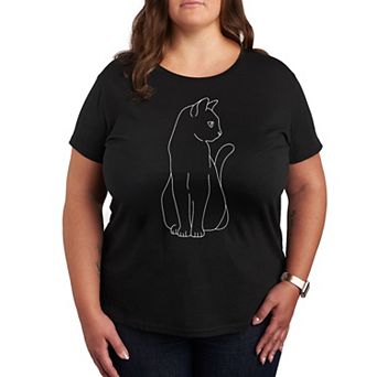Plus Size White Cat Outline Graphic Tee