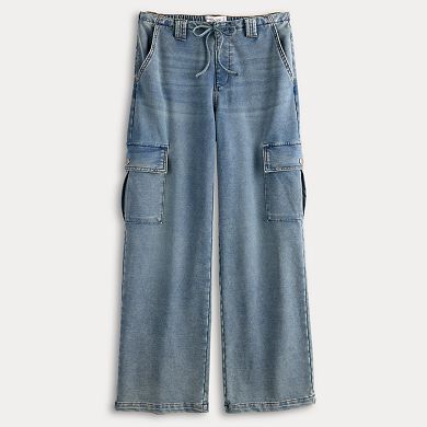 Juniors' Vanilla Star Indigo Print Tie Hem Cargo Parachute Pants