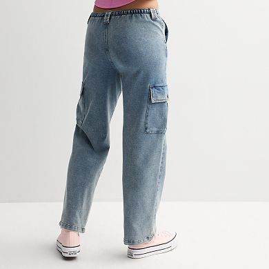 Juniors' Vanilla Star Indigo Print Tie Hem Cargo Parachute Pants