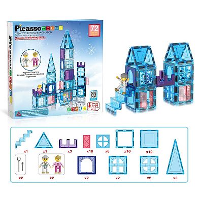PicassoTiles 72 PC Ice Castle Themed, Magnetic Tiles Building Blocks for Kids, Magnet for Kids 3+