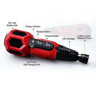 Hybro 3.6V USB Electric and Manual Duo Screw Driver with 4 bits, Red