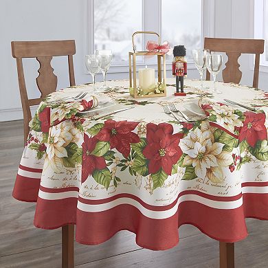 Elrene Home Fashions Red And White Poinsettias 70" Round Tablecloth