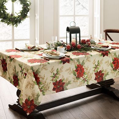 Elrene Home Fashions Festive Poinsettia Holiday Fabric Rectangle Tablecloth