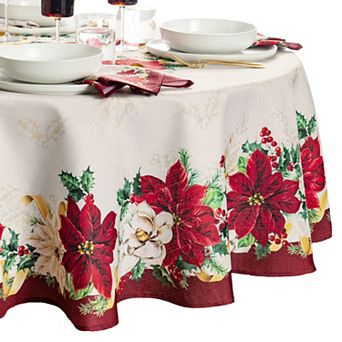 Elrene Home Fashions Poinsettia Garlands Engineered Round Tablecloth