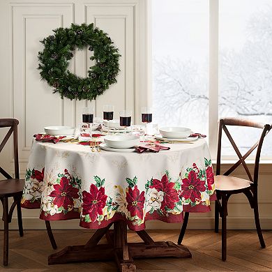 Elrene Home Fashions Poinsettia Garlands Engineered Round Tablecloth