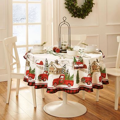 Elrene Home Fashions Vintage Christmas Tree Farm Holiday Round Tablecloth