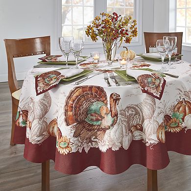 Elrene Home Fashions Holiday Turkey Bordered Fall 70" Round Tablecloth