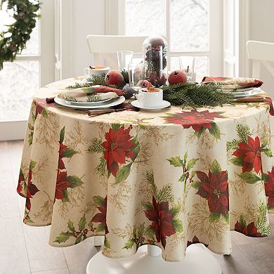 Elrene Home Fashions Festive Poinsettia Holiday Fabric 60"x84" Oval Tablecloth