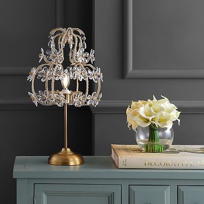Jonathan Y Clara 20.5 Crystal Flower Beaded Girandole Metal Acrylic LED Table Lamp Brass Gold Clear