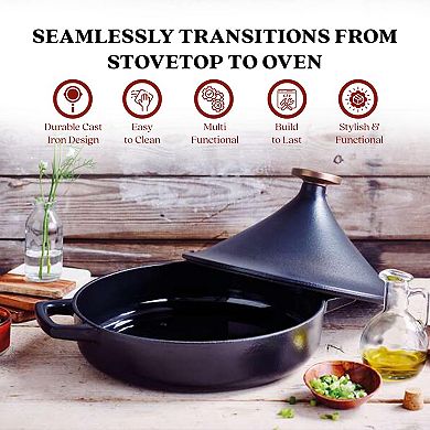 Alva Nori 3Qt Enameled Cast Iron Tagine Pot Moisture-Locking Cone Lid for Tender, Flavorful Meals