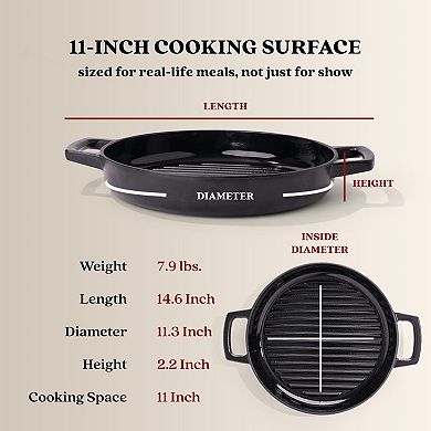Alva Nori 11" Seasoned Enameled Cast Iron Grill Pan, Black