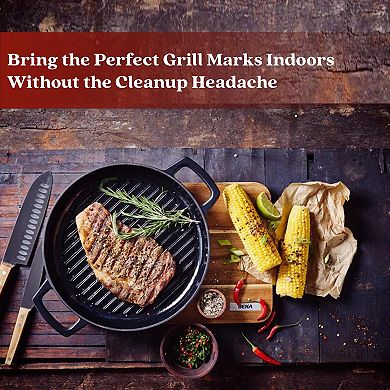 Alva Nori 11" Seasoned Enameled Cast Iron Grill Pan, Black