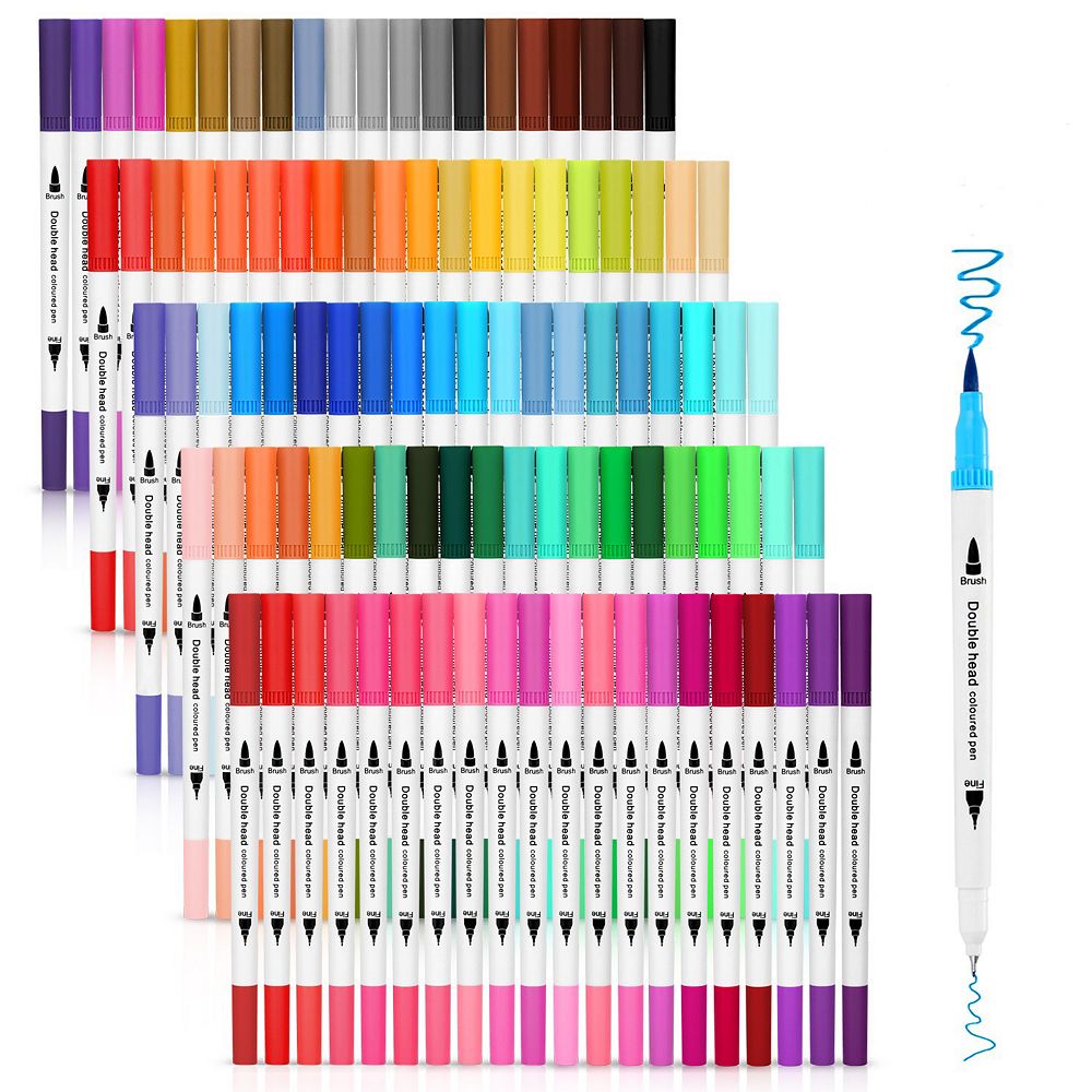 100 Colors Dual Tip Brush Marker Pens with 0.4 Fine Tip
