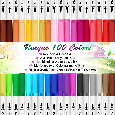 100 Colors Dual Tip Brush Marker Pens with 0.4 Fine Tip