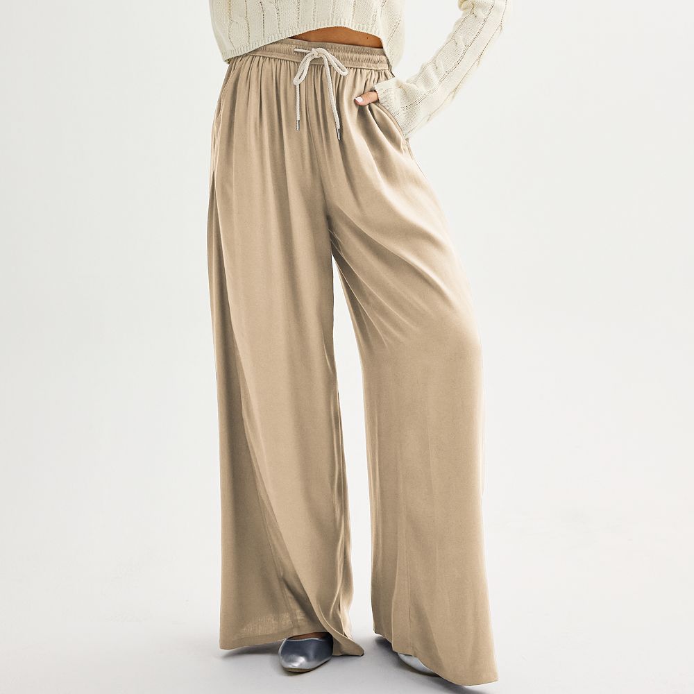 ＨBEAUTY&YOUTH WORSTED 2PLEATS WIDE PANTS Juniors' SO® High Waisted Baggy Wide Leg Twill Pants