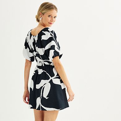 Women's Nine West Tie Neck Puff Sleeve Cinched Mini Dress