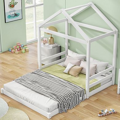 Wood Full Size House Bed With Guardrail