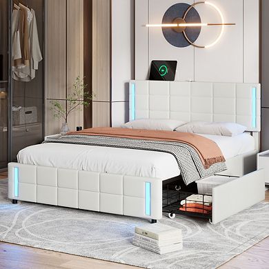 Queen Size Upholstered Platform Bed With Led Lights, Usb Charging, 4 Drawers