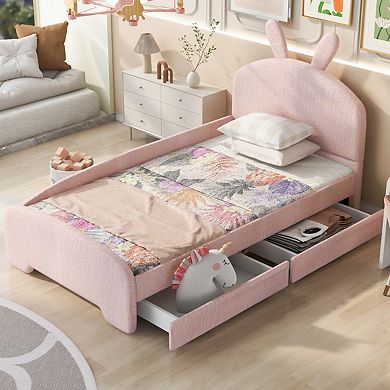 Twin Size Upholstered Platform Bed With Cartoon Ears Shaped Headboard And 2 Drawers