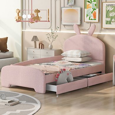 Twin Size Upholstered Platform Bed With Cartoon Ears Shaped Headboard And 2 Drawers