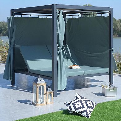 Outdoor Chaise Lounge Sunbed Cushioned Daybed With Adjustable Curtains And Canopy