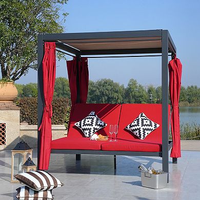 Outdoor Chaise Lounge Sunbed Cushioned Daybed With Adjustable Curtains And Canopy