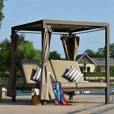 Outdoor Chaise Lounge Sunbed Cushioned Daybed With Adjustable Curtains And Canopy