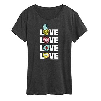 Women's Spongebob Squarepants Stacked Love With Hearts Graphic Tee