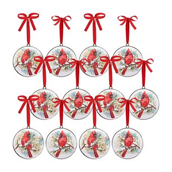 Winter Cardinal and Pine Branch Disc Ornament (Set of 12)