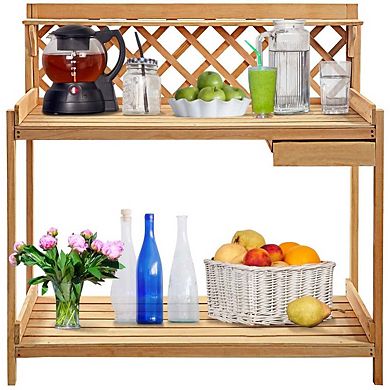 Solid Wood Garden Work Table Potting Bench In Natural Finish