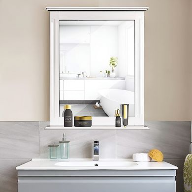 White Rectangle Bedroom Bathroom Vanity Wall Mirror With Bottom Shelf