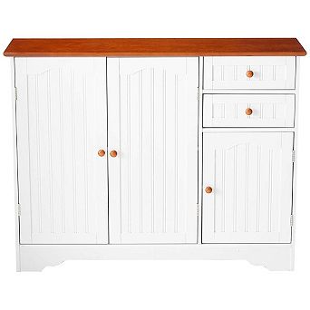 White Wood Sideboard Buffet Cabinet With Walnut Finish Top And Knobs