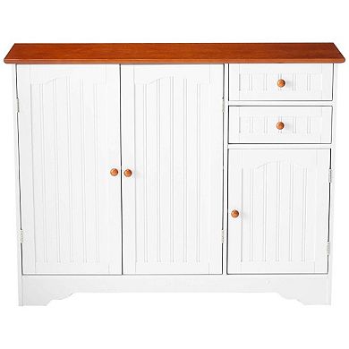 White Wood Sideboard Buffet Cabinet With Walnut Finish Top And Knobs