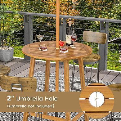 Bar Height Table With Umbrella Hole And Slatted Tabletop For Outdoors