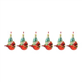 Glass Gnome And Cardinal Bird Ornament (set Of 6)