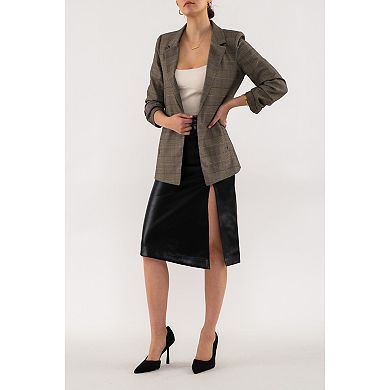 August Sky Women's Plaid Rouched Sleeve Blazer