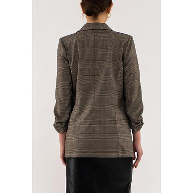 August Sky Women's Plaid Rouched Sleeve Blazer