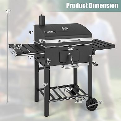 Outdoor Bbq Charcoal Grill With 2 Foldable Side Table And Wheels