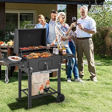 Outdoor Bbq Charcoal Grill With 2 Foldable Side Table And Wheels