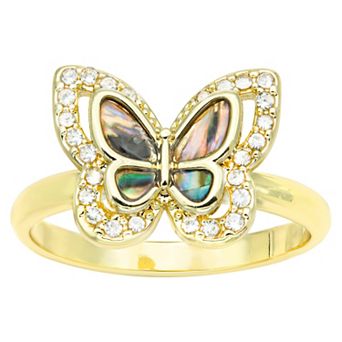 City Luxe Gold Tone Abalone Butterfly & Crystal Pave Ring