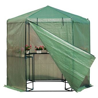 Outdoor Hexagon Greenhouse With Steel Frame Pe Cover And Shelves