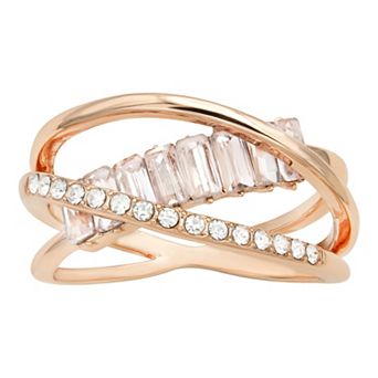 City Luxe Rose Gold Tone Pink Baguette Crystal Open Crossover Ring